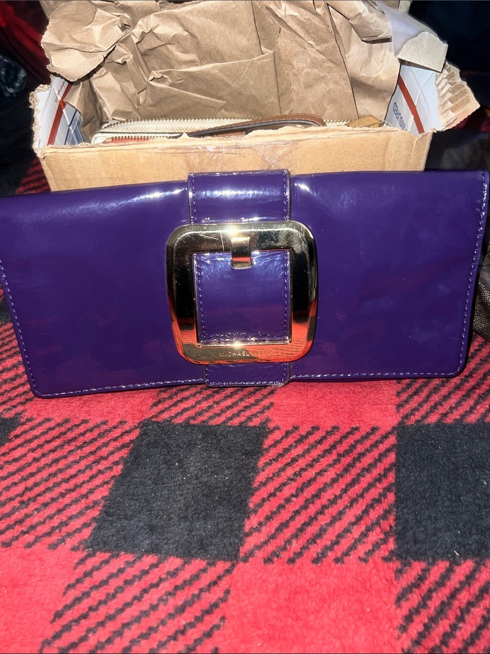 Michael Kors Purple Patent Leather Clutch with Gold Buckle
